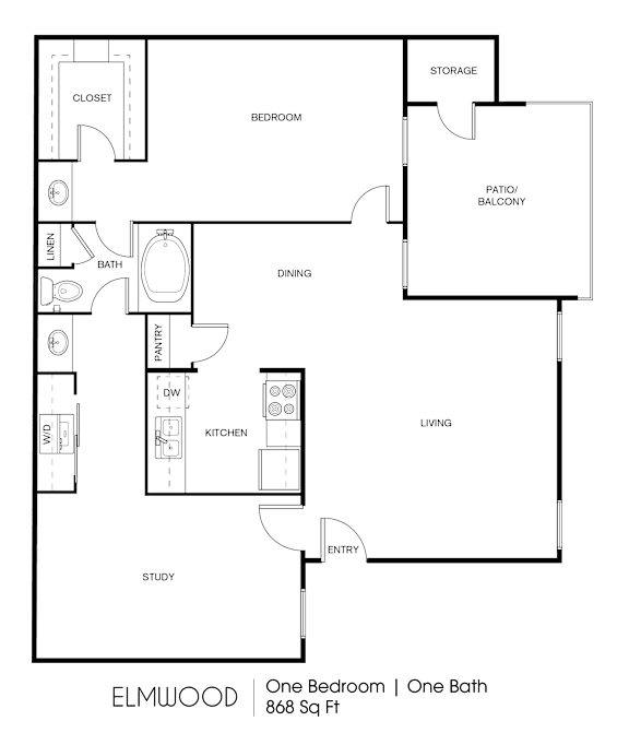 A floor plan of a one bedroom, one bathroom apartment.