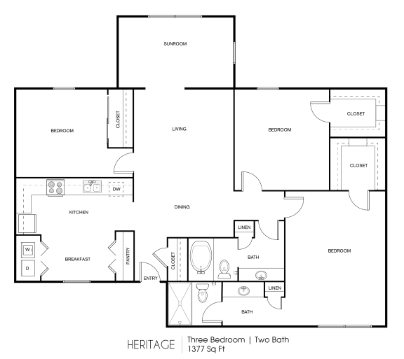 a floor plan of three bedrooms and two baths