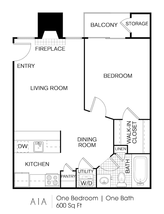 A one bedroom apartment with one bath is 600 square feet.
