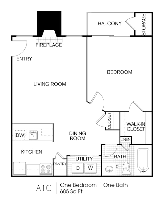A floor plan for a one bedroom apartment with one bath.
