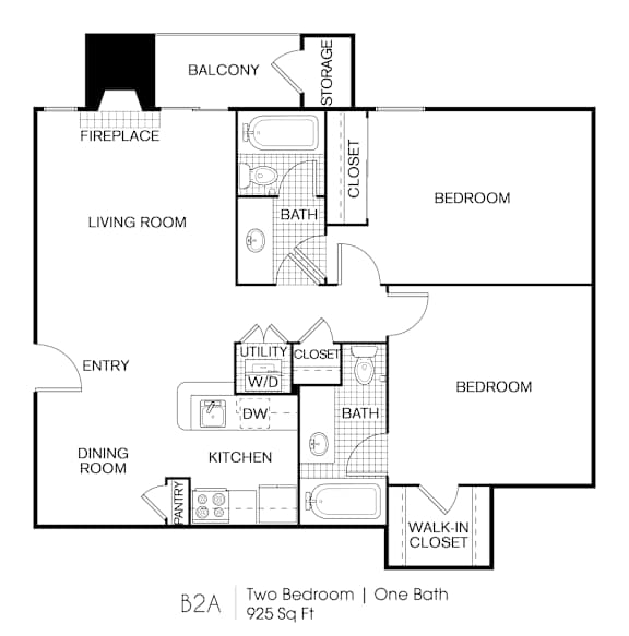 A floor plan of a small apartment with two bedrooms and one bathroom.