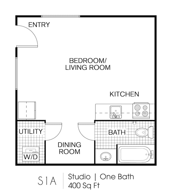 A floor plan of a studio apartment with one bath.