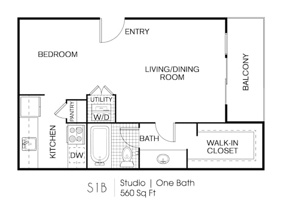 A floor plan of a studio apartment with a bedroom, living/dining room, kitchen, bath, and balcony.