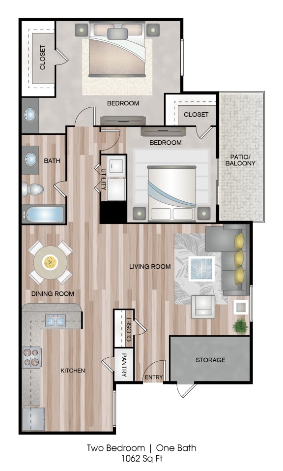 B1 floorplan, 2 bedroom 1 bathroom