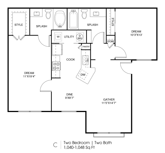 a floor plan of a house with two bedrooms and two baths
