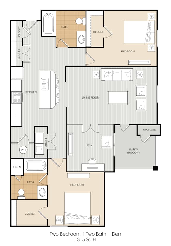 A floor plan of a 1315 square foot two bedroom apartment.