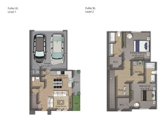A floor plan of a Fuller XL Level 1 and Level 2 layout.