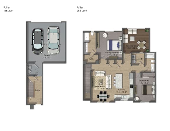 A floor plan shows a two-level apartment with a garage on the first level and a living area on the second level.