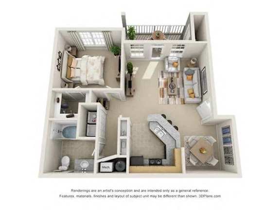 A 3D floor plan of a small apartment with a kitchen, living room, and bathroom.