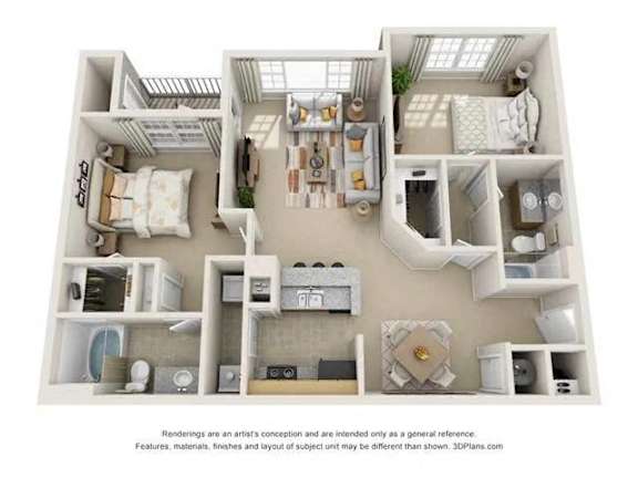 A 3D floor plan of a house with a kitchen, living room, and bathroom.