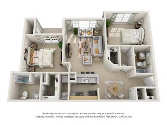 A 3D floor plan of a house with a kitchen, living room, and bathroom.