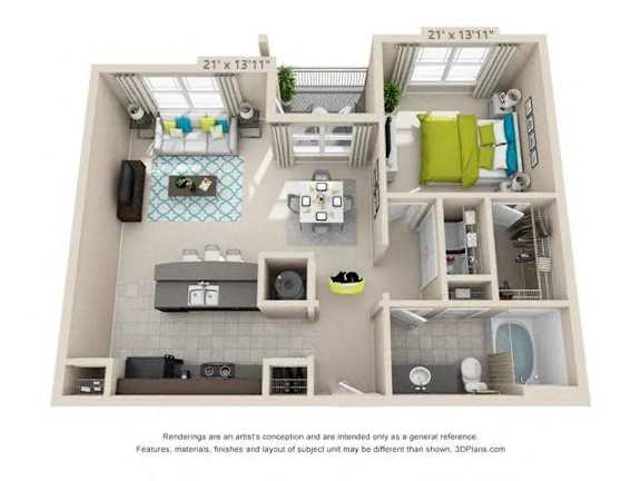 A 3D floor plan of a small apartment with a kitchen, living room, and bathroom.