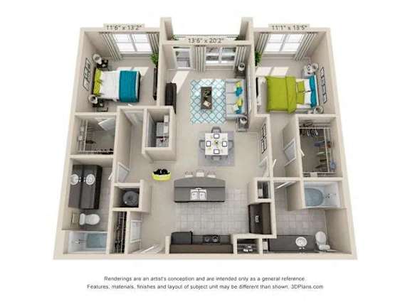 A 3D floor plan of a small apartment with a kitchen, living room, and bathroom.