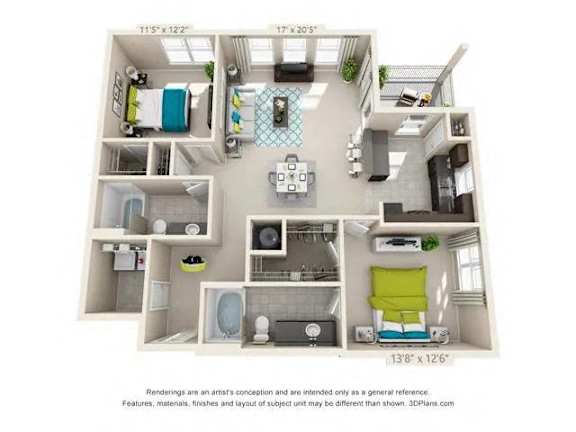 A 3D floor plan of a small apartment with a kitchen, living room, and bathroom.
