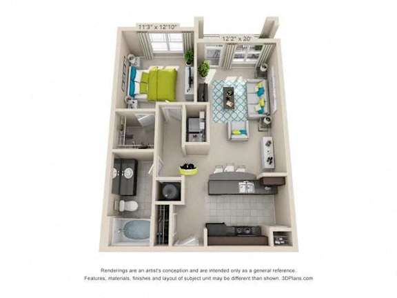 A 3D floor plan of a small apartment with a kitchen, living room, and bathroom.