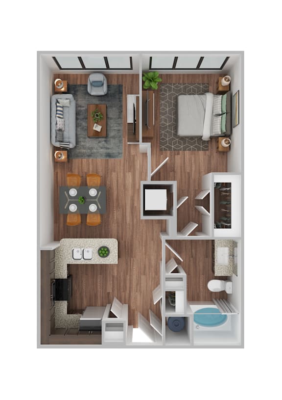 A top-down view of a small apartment with a kitchen, living room, and bathroom.