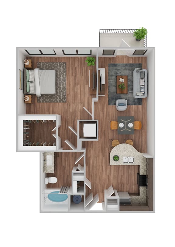 A top-down view of a small apartment with a kitchen, living room, and bathroom.