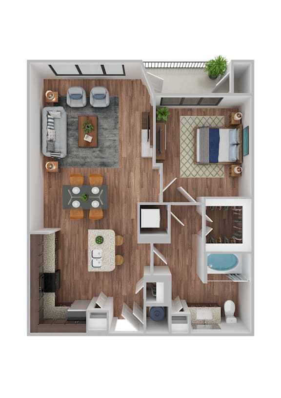 A top-down view of a small apartment with a kitchen, living room, and bathroom.