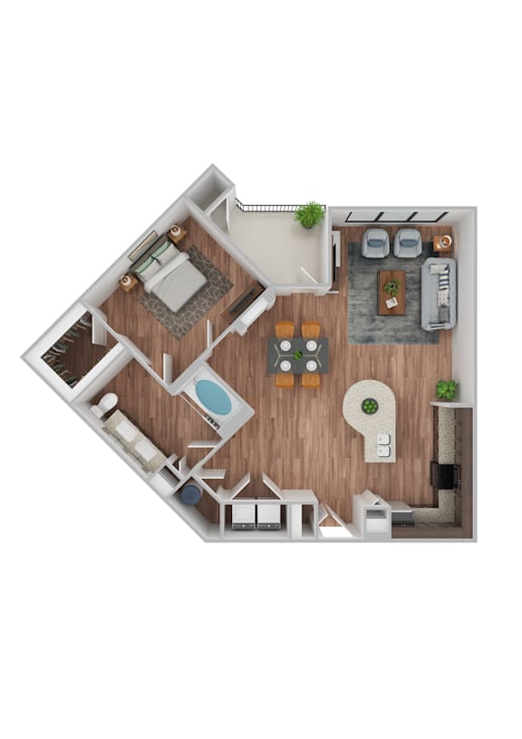A top-down view of a small apartment with a kitchen, living room, and bathroom.