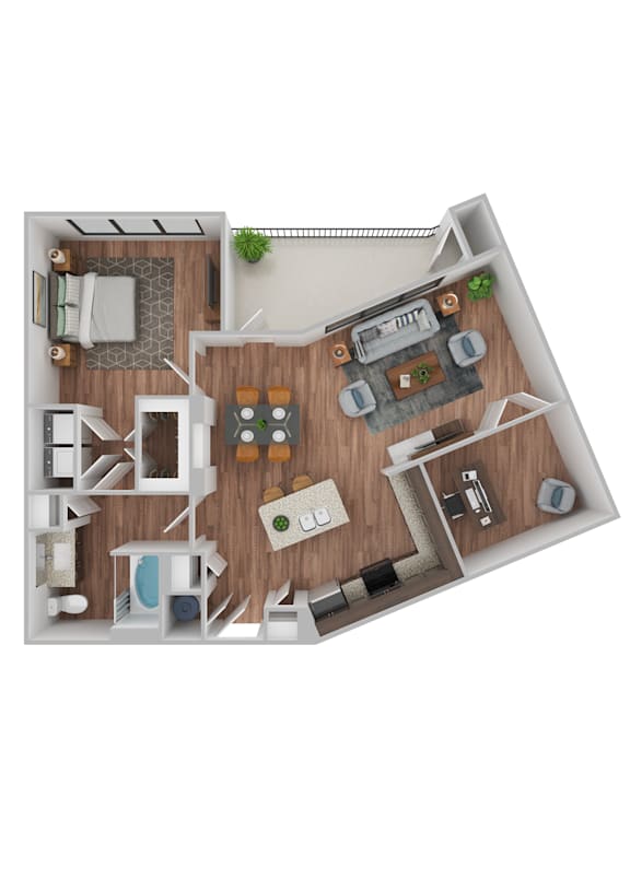 A top-down view of a small apartment layout with a kitchen, living room, and bathroom.