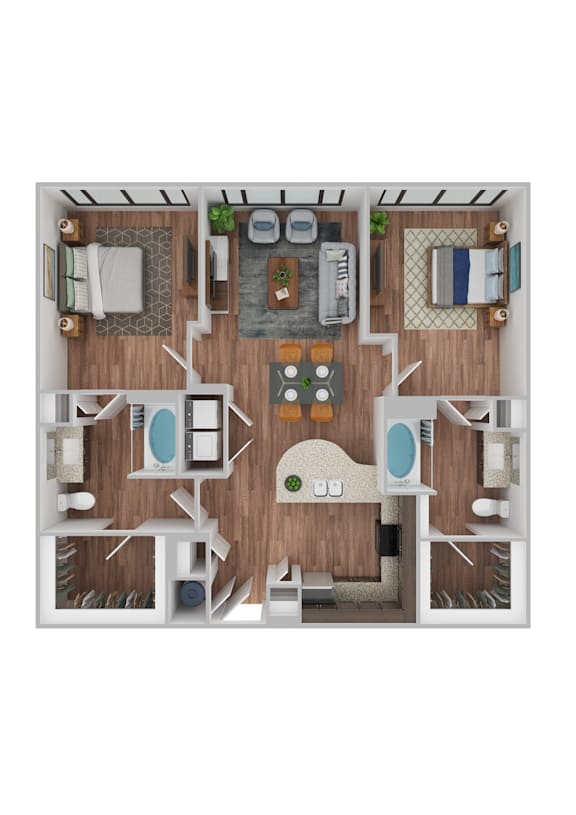 A top-down view of a well-organized apartment with a kitchen, living room, and bathroom.