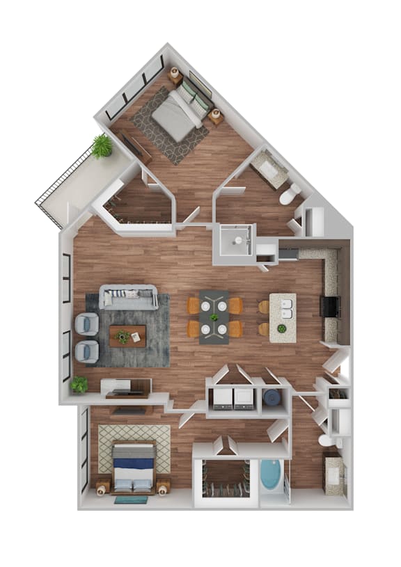 A top-down view of a house layout with a kitchen, living room, and bathrooms.