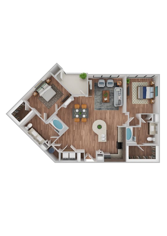 A top-down view of a house layout with a kitchen, living room, dining area, and bathrooms.