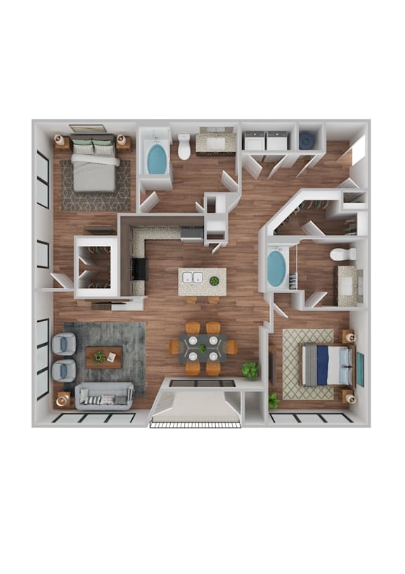 A top-down view of a well-organized apartment layout.