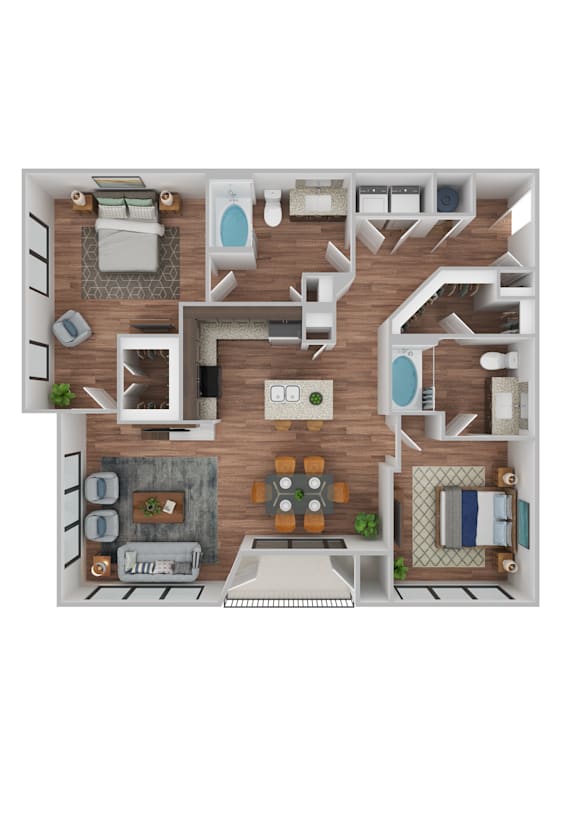 A 3D floor plan of a house with a kitchen, living room, dining room, and bedrooms.