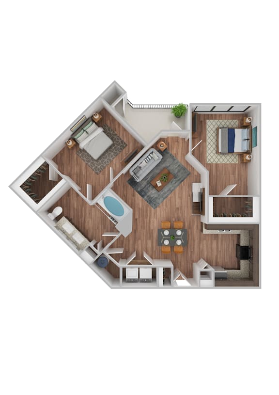A top-down view of a house layout with a living room, kitchen, and two bedrooms.