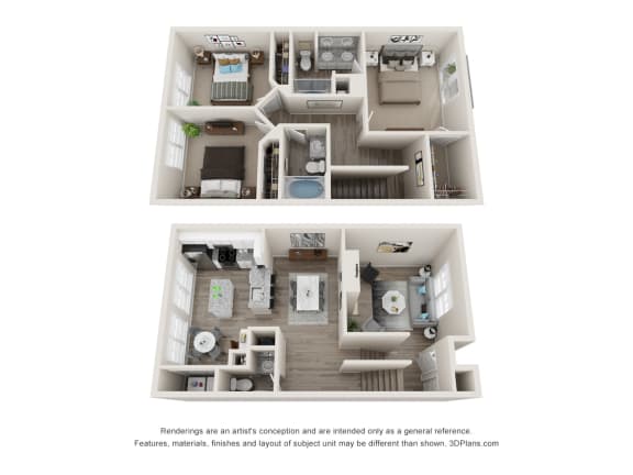 a stylized view of a 2 bedroom floor plan with a bathroom and a kitchen