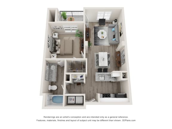 a stylized floor plan of a 1 bedroom floor plan