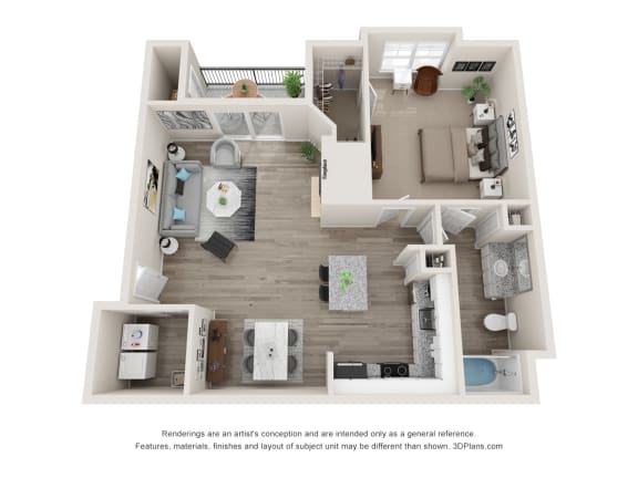 a stylized floor plan with a bedroom and a living room