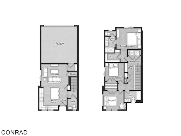 A floor plan of a house with two bedrooms and a garage.