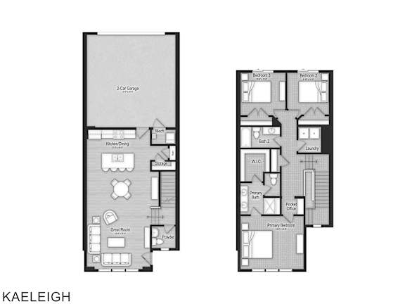 A floor plan of a Kaeleigh apartment with two bedrooms and a living room.