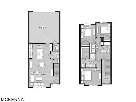 A floor plan of a house named MCKENNA is shown with two bedrooms, a bathroom, a powder room, a storage space, a great room with a kitchen and a dining table, and an entry.