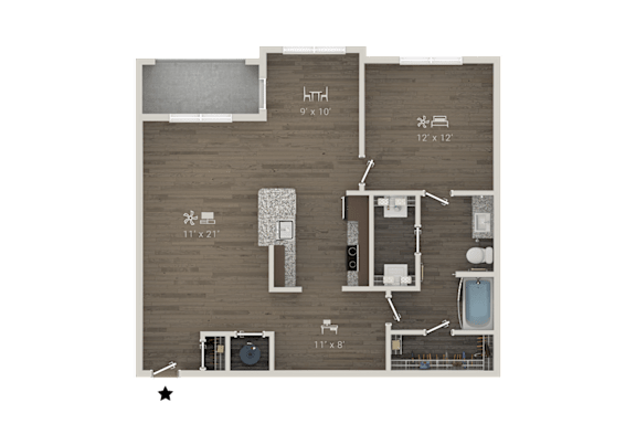 A floor plan of a house with a kitchen, living room, and bathroom.