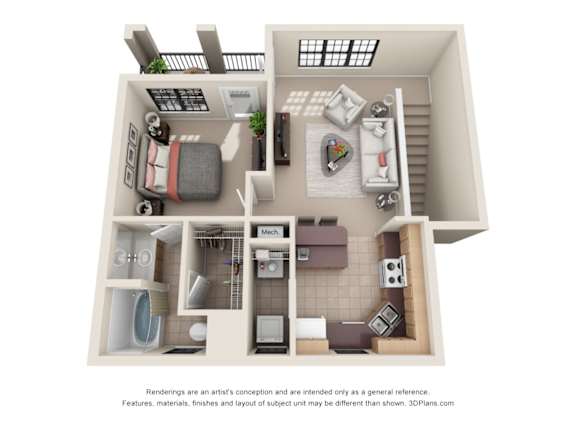 A 3D floor plan of a small apartment with a kitchen, living room, and bathroom.