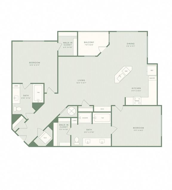 A floor plan of a house with a living room, dining room, kitchen, and two bedrooms.