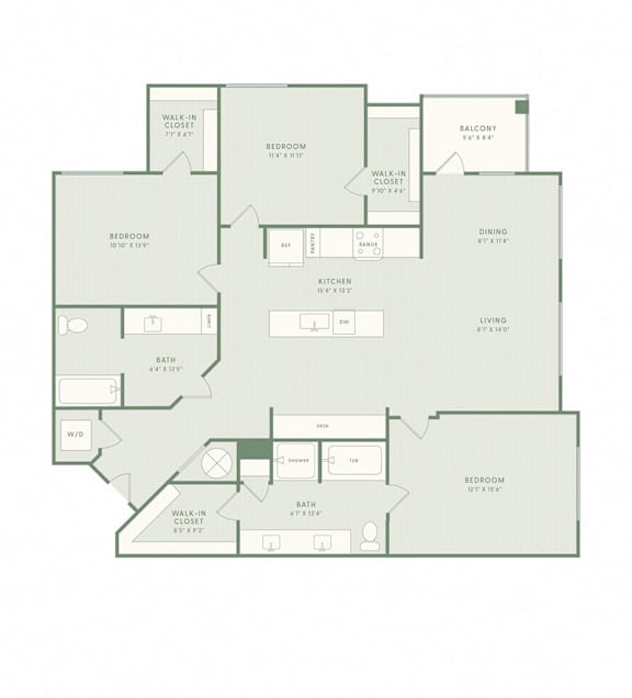 A floor plan of a house with a living room, dining room, kitchen, and four bedrooms.