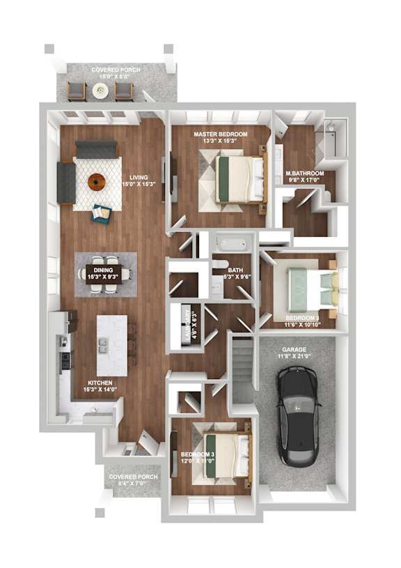 A floor plan of a house with a master bedroom, two bathrooms, a garage, and a covered porch.