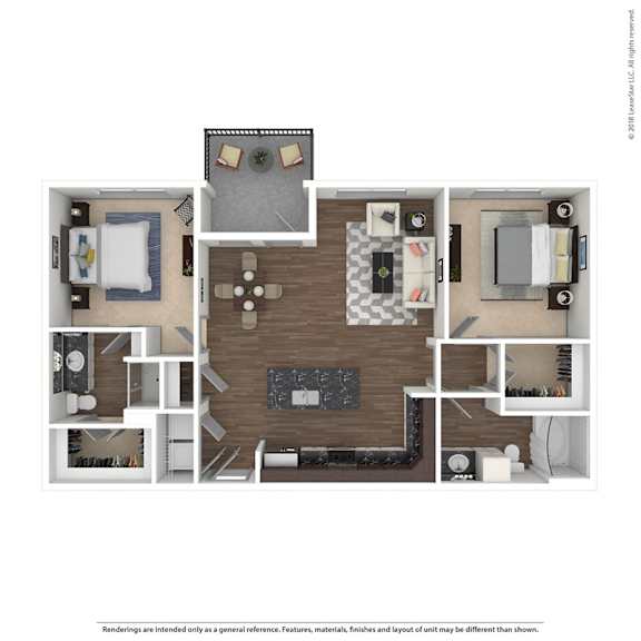 A floor plan of a small apartment with a kitchen, living room, and two bedrooms.