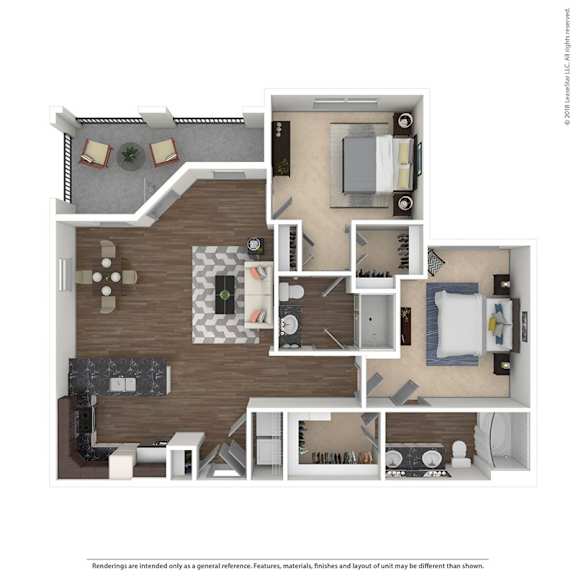A floor plan of a two-bedroom apartment with a living room, kitchen, and bathroom.
