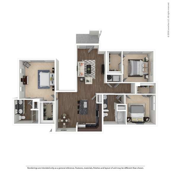 A floor plan of a two-bedroom apartment with a living room, kitchen, and bathroom.