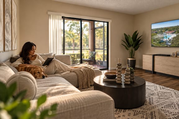 A woman is sitting on a couch with a dog, looking at a television screen showing a scenic view.