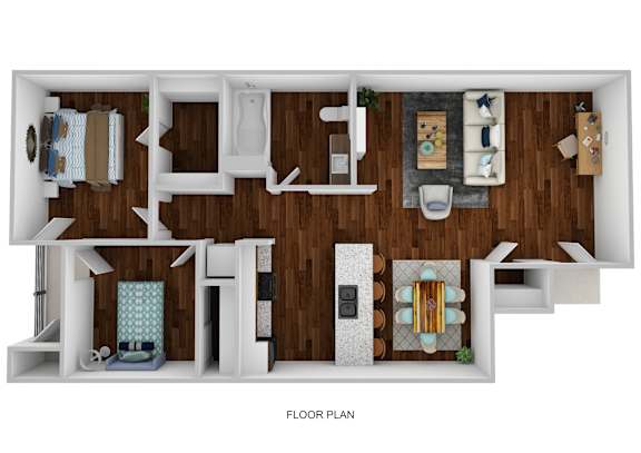 A floor plan of a house with a kitchen, living room, and bathroom.