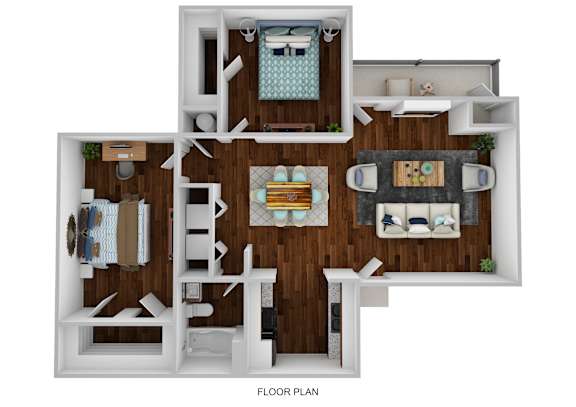 A floor plan of a house with a living room, kitchen, and two bedrooms.