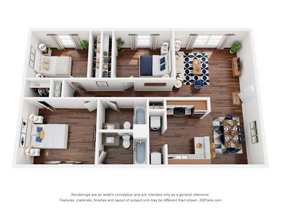 A 3D floor plan of a house with labeled rooms.