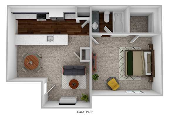 A floor plan of a small apartment with a kitchen, living room, and bathroom.