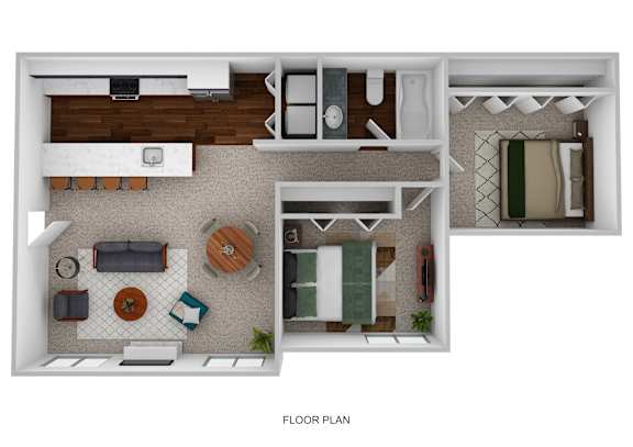 A floor plan of a house with a living room, kitchen, and bedrooms.
